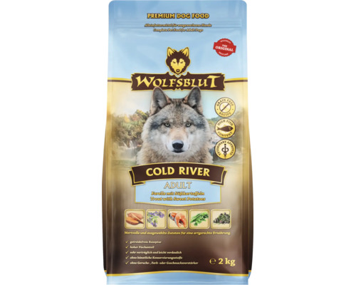 Wolfsblut Cold River Trockenfutter für erwachsene Hunde, Forelle mit Süßkartoffeln, getreidefrei, 2 Kilogramm Packung.