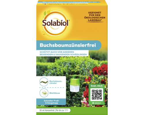 Solabiol Buchsbaumzünslerfrei Konzentrat 50 Milliliter zur Bekämpfung von Buchsbaumzünsler und anderen beißenden und saugenden Schädlingen.
