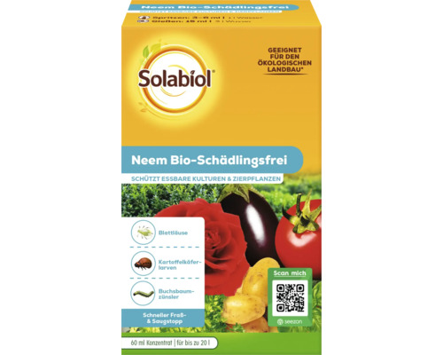 Solabiol Neem Bio-Schädlingsfrei Konzentrat 60 Milliliter zur Bekämpfung von Blattläusen, Kartoffelkäferlarven und Buchsbaumzünsler an Pflanzen.