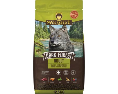 Wolfsblut Dark Forest Trockenfutter für ausgewachsene Hunde mit Wild und Süßkartoffeln, 12,5 Kilogramm Beutel.
