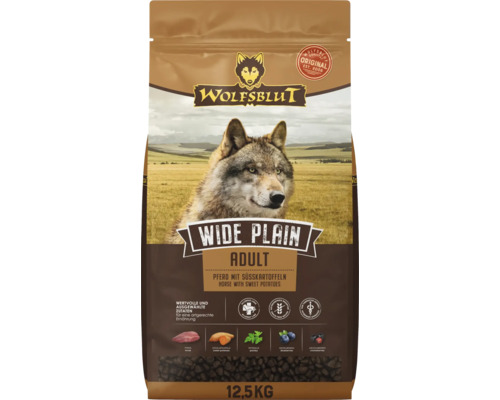 Wolfsblut Wide Plain Adult Hundetrockenfutter mit Pferd und Süßkartoffeln in der 12,5 Kilogramm Packung.