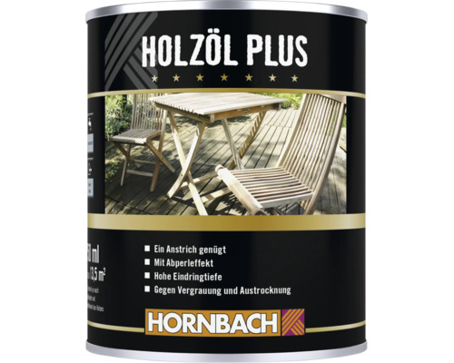 HORNBACH Holzoel Plus zur Pflege von Holzgartenmoebeln gegen Vergrauung und Austrocknung in einer Dose mit Hornbach Logo