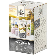 Wildes Land Katzen Probierbox mit 4 Nassfutterbeuteln zu je 100 Gramm getreidefrei und mit hohem Fleischanteil.