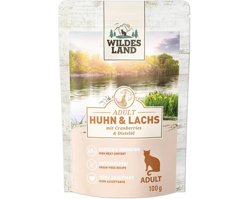 Wildes Land Katzenfutter Adult Huhn und Lachs mit Cranberries und Distelöl, 100 Gramm Beutel, getreidefrei und hoher Fleischanteil.