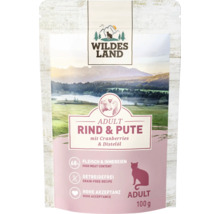 Wildes Land Nassfutter fuer Katzen Adult Rind und Pute mit Cranberries und Disteloel, 100 Gramm Beutel