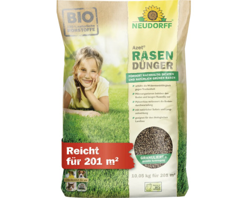 Neudorff Azet Rasendünger, 10,05 kg Packung für 201 Quadratmeter, organischer Dünger für einen dichten, grünen und widerstandsfähigen Rasen.