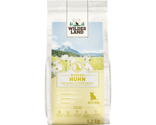 Wildes Land Kitten Huhn mit Gemüse und Wildkräutern, getreidefreies Katzenfutter für junge Katzen, 1,2 Kilogramm Packung.