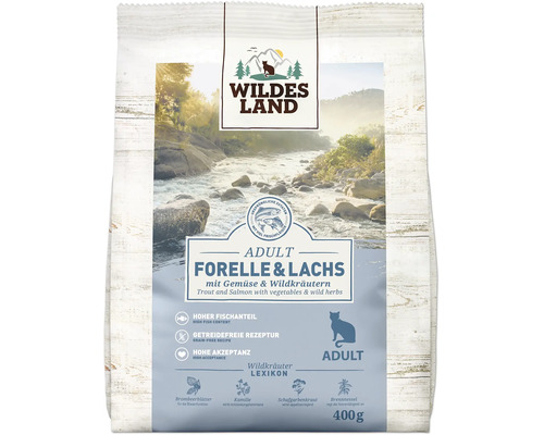Trockenfutter Wildes Land Adult Forelle und Lachs mit Gemüse und Wildkräutern, getreidefrei, 400 Gramm.