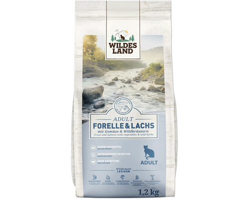 Wildes Land Katzenfutter Adult Forelle und Lachs, getreidefreies Trockenfutter mit Wildkräutern, 1,2 Kilogramm Beutel.