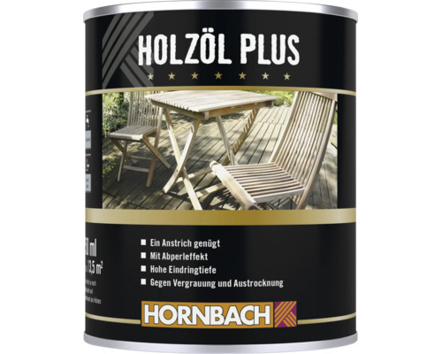 Dose Hornbach Holzöl Plus für Holzmöbel im Außenbereich mit Abperleffekt und Schutz gegen Vergrauung.