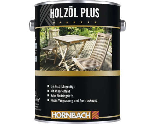 Dose Holzoel Plus zur Pflege von Holzmoebeln im Garten mit abgebildeten Gartenstuehlen und einem Holztisch auf einer Holzterrasse.