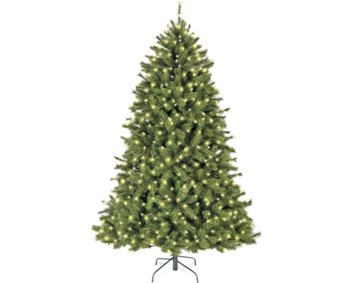 Künstlicher Weihnachtsbaum mit integrierter LED Lichterkette auf einem Metallständer für eine weihnachtliche Dekoration.