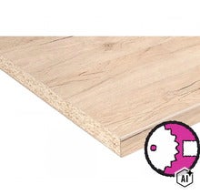Holzwerkstoffplatte mit Eichenholzoptik und Sägeblatt Symbol für Zuschnittservice (Image AI modified or generated)