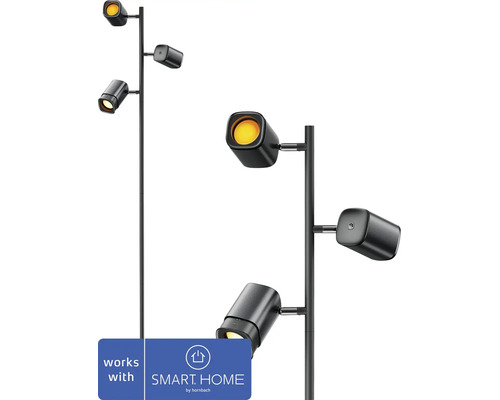 Moderne Stehleuchte mit drei verstellbaren Strahlern, kompatibel mit Smart Home by Hornbach