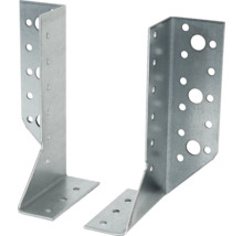 Zwei verzinkte Pfostenträger aus Stahl in U-Form mit vorgebohrten Löchern zur stabilen Montage von Holzbalken.