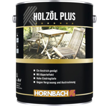 Eine 5 Liter Dose Hornbach Holzöl Plus für Gartenmöbel aus Holz mit Abperleffekt und Schutz gegen Vergrauung.