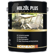 Holzöl Plus in einer 5 Liter Dose mit Abbildung von Gartenmöbeln auf einer Terrasse zum Schutz und zur Pflege von Holz.