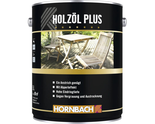 Holzöl Plus in einer 5 Liter Dose mit Abbildung von Gartenmöbeln auf einer Terrasse zum Schutz und zur Pflege von Holz.