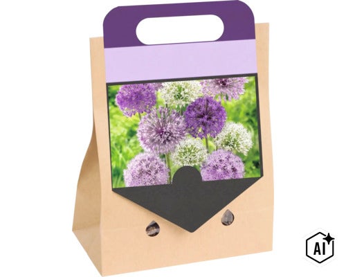 Papiertüte mit Blumenzwiebeln von Zierlauch mit violetten und weißen Blütenkugeln (Image AI modified or generated)
