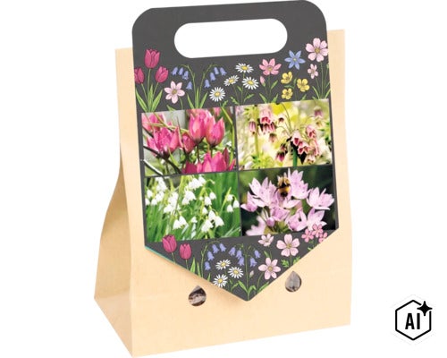 Blumenzwiebelmischung in einer Papiertragetasche mit illustrierten und fotografischen Blumenmotiven. (Image AI modified or generated)