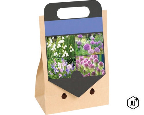 Papiertragetasche mit Blumenzwiebeln für verschiedene Frühlingsblüher in Gartenbeeten (Image AI modified or generated)