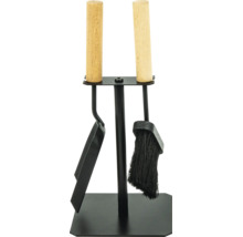 Kaminbesteck Set mit Schaufel und Besen an einem Ständer mit Holzgriffen für den Kamin