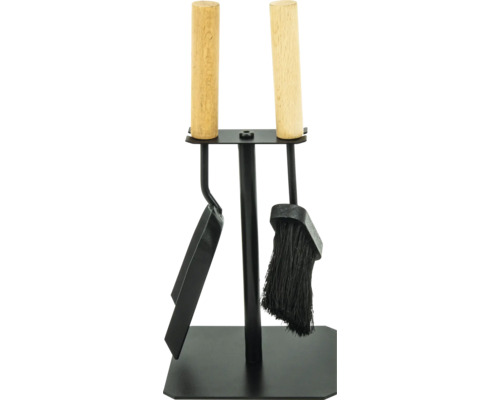 Kaminbesteck Set mit Schaufel und Besen an einem Ständer mit Holzgriffen für den Kamin