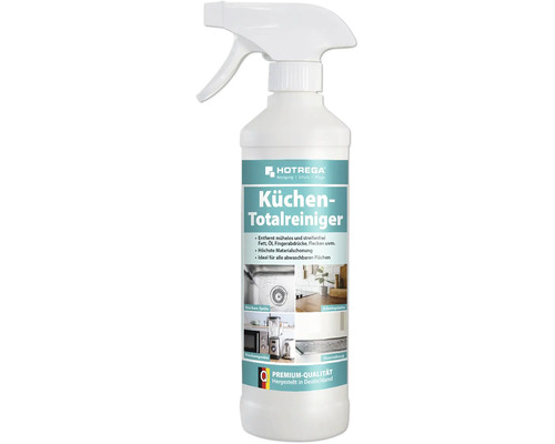 Hotrega Küchen-Totalreiniger in einer Sprühflasche zur Reinigung von Küchenoberflächen wie Spülen, Arbeitsplatten und Küchengeräten.