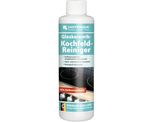 Hotrega Glaskeramik Kochfeld Reiniger zur Entfernung von eingebrannten Speiseresten mit Einbrennschutz.