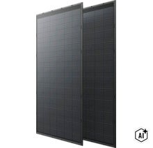 Zwei rechteckige Solarmodule mit schwarzem Rahmen zur Stromerzeugung auf dem Dach. (Image AI modified or generated)