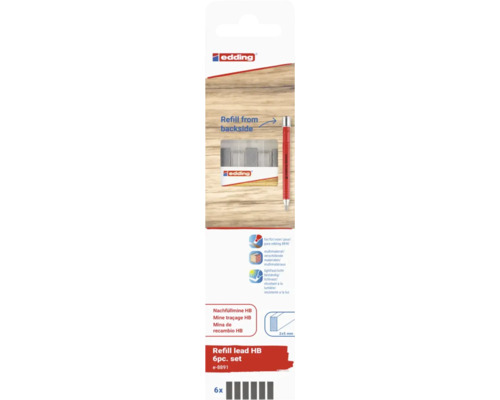Edding Nachfuellminen Set HB fuer Zimmermannsstift 8890, 6 Stueck, rechteckige Minen 2 mal 5 Millimeter, fuer verschiedene Materialien geeignet.