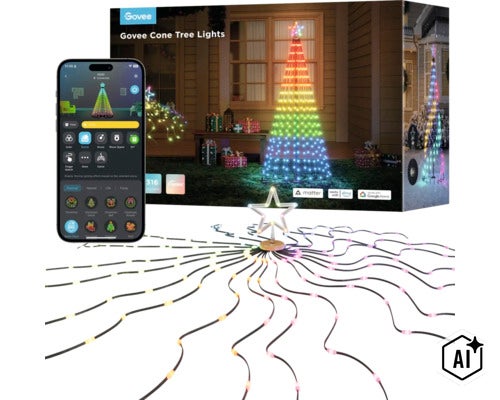 Govee LED Weihnachtsbaum Lichterkette in Kegelform mit Sternspitze steuerbar per App und kompatibel mit Smart Home Systemen (Image AI modified or generated)