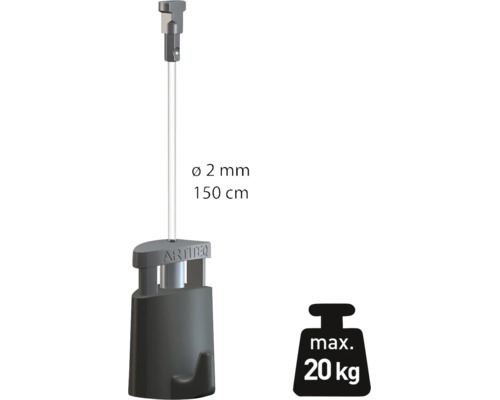 Artiteq Bildergaleie-Seil mit Gleiter und Haken 150 Zentimeter Länge 2 Millimeter Durchmesser und maximal 20 Kilogramm Traglast