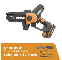 Worx Akku Astsäge mit 12 Zentimeter Schwertlänge inklusive 20 Volt Akku, Ladegerät und zwei Sägeketten.