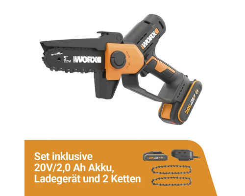 Worx Akku Astsäge mit 12 Zentimeter Schwertlänge inklusive 20 Volt Akku, Ladegerät und zwei Sägeketten.