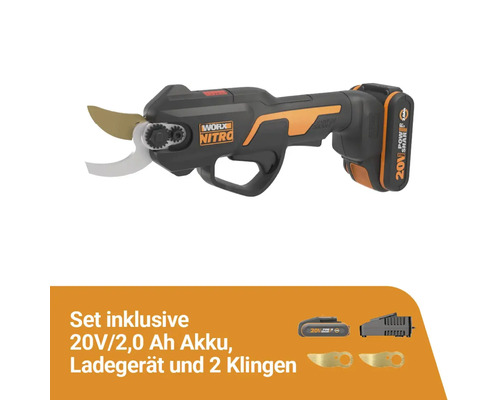 Worx Nitro Akku Astschere mit 20 Volt und 2,0 Amperestunden Akku, Ladegerät und zwei Ersatzklingen im Set