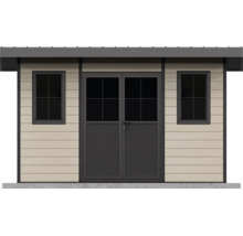 Modernes Gartenhaus mit zwei Fenstern und Doppeltür, aus Holz gefertigt, für den Außenbereich geeignet.