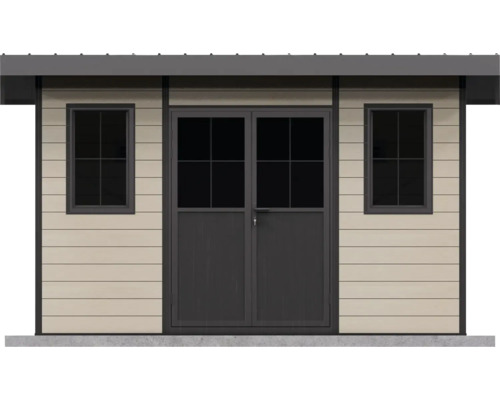 Modernes Gartenhaus mit zwei Fenstern und Doppeltür, aus Holz gefertigt, für den Außenbereich geeignet.