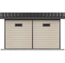 Moderne Gartenhaus Wand mit horizontaler Schalung und integrierten Lüftungsgittern sowie dunkler Dachblende