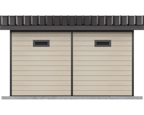 Moderne Gartenhaus Wand mit horizontaler Schalung und integrierten Lüftungsgittern sowie dunkler Dachblende