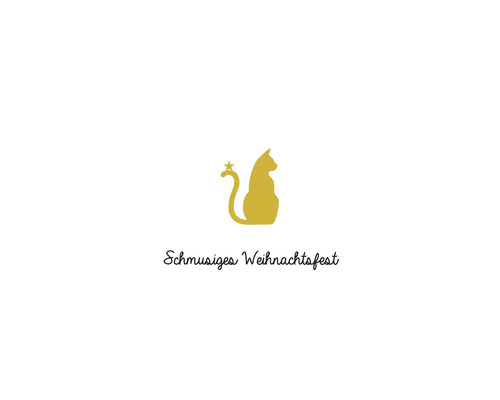 Weihnachtsgrafik mit einer sitzenden Katze, deren Schwanzspitze einen Stern bildet, unter dem der Text Schmusiges Weihnachtsfest steht.