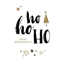Weihnachtliche Grußkarte mit Schriftzug Ho Ho Ho und Frohe Weihnachten sowie Sternen und Weihnachtsbaum-Motiv.