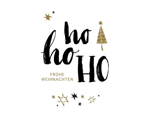 Weihnachtliche Grußkarte mit Schriftzug Ho Ho Ho und Frohe Weihnachten sowie Sternen und Weihnachtsbaum-Motiv.