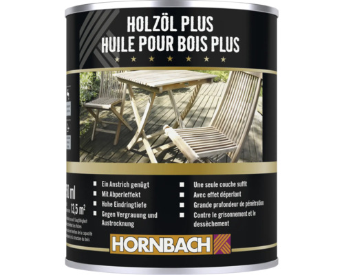 Dose Hornbach Holzöl Plus für Holzmöbel im Außenbereich mit Hornbach Logo.