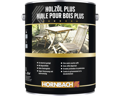 Eine 5 Liter Dose Hornbach Holzöl Plus für den Schutz von Holzoberflächen im Außenbereich, ideal für Gartenmöbel und Holzterrassen.