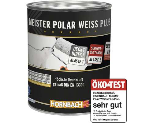 Dose Meister Polar Weiss Plus Wandfarbe mit Hornbach Logo und Oeko Test Siegel