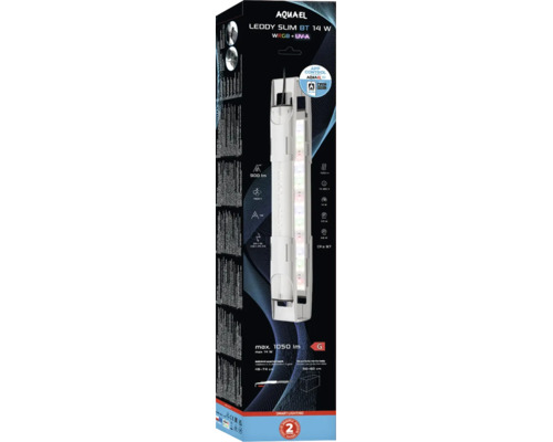 Aquael Leddy Slim BT 14 Watt WRGB plus UV-A Aquariumleuchte mit App-Steuerung in Verpackung.