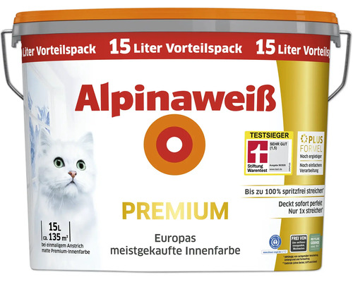Alpinaweiss Premium Innenfarbe 15 Liter Eimer als Vorteilspack für Wand und Deckenanstrich mit Testergebnis von Stiftung Warentest.