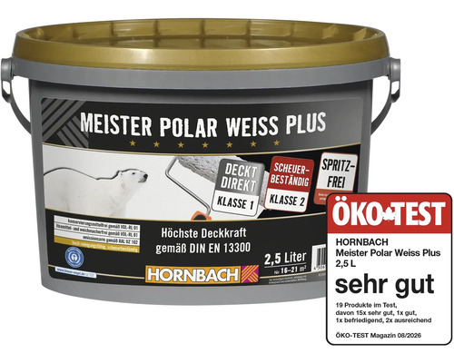 Eimer Meister Polar Weiss Plus Wandfarbe 2,5 Liter von Hornbach mit Oeko Test sehr gut Auszeichnung.