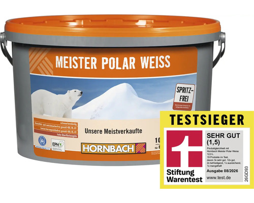 Eimer mit Meister Polar Weiss Wandfarbe, spritzfrei, lösemittelfrei, für den Innenbereich, ausgezeichnet als Testsieger von Stiftung Warentest.